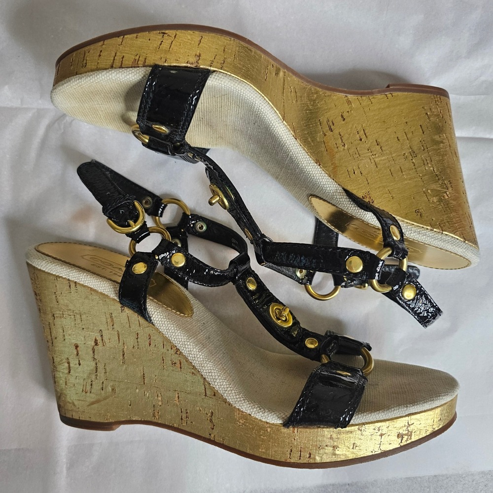 Coach Mercy Black Patent Leather Gold Metallic Cork Wedge Sandals Womens 8.5